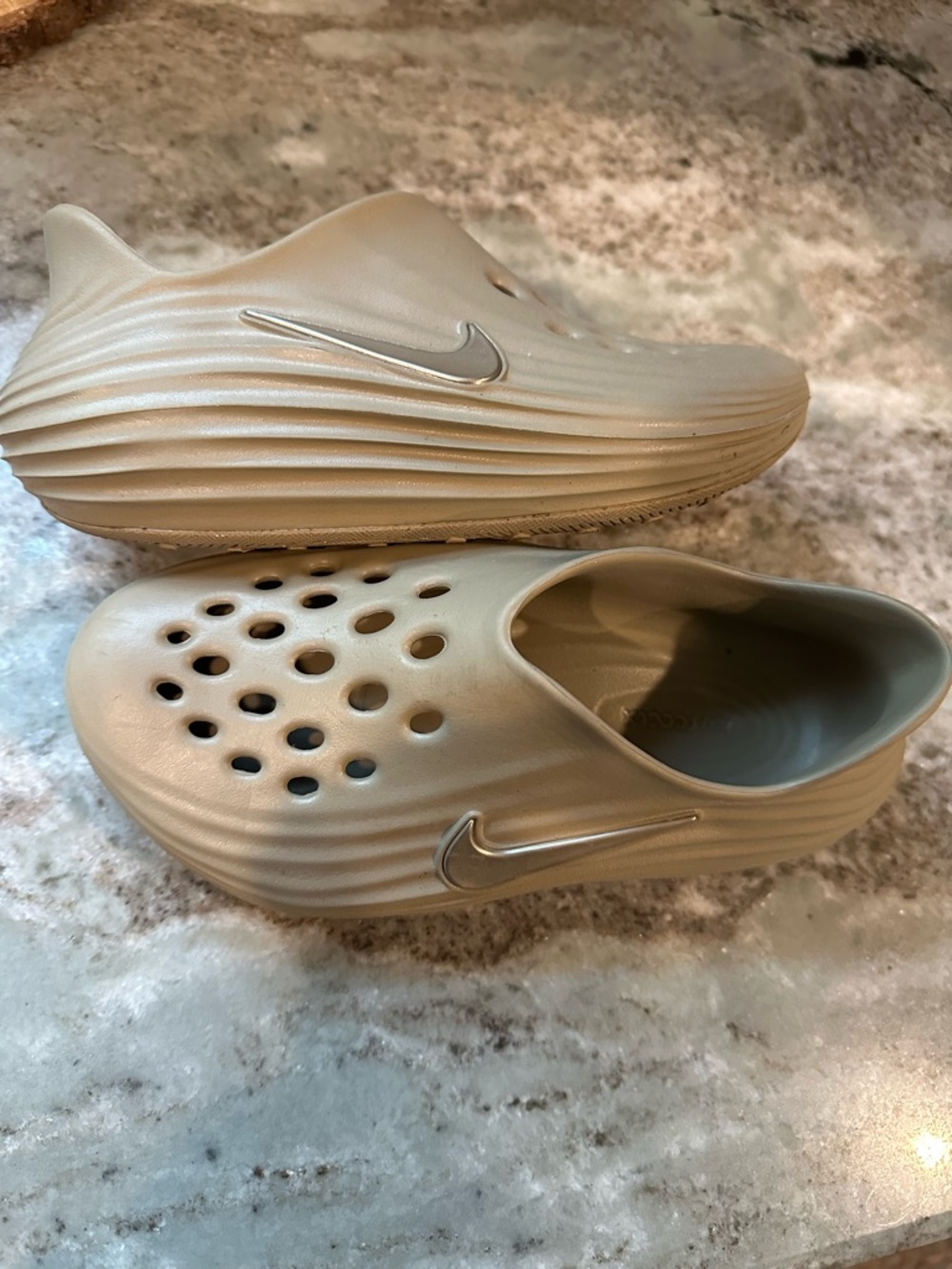 Nike Foam Slide Clogs in Beige with Silver Swoosh